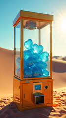 A gumball machine filled with blue hearts in a desert, creating a whimsical scene.