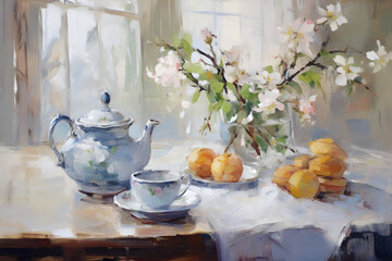 A serene still life painting featuring a teapot, teacup, and blossoming flowers.