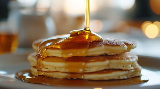 A plate of pancakes with maple syrup: Detail the fluffy pancakes and the rich, sweet syrup that cascades over them. - Powered by Adobe
