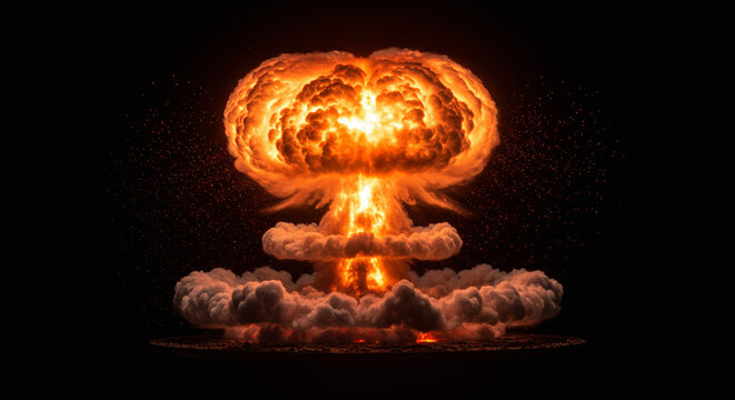 "Nuclear explosion in a desert with a large mushroom cloud and fireball. Powerful and dramatic scene."