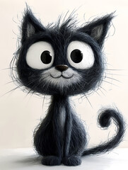This cute cartoon cat has big, expressive eyes and a fluffy, black coat, looking friendly.