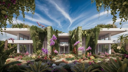 Modern architecture integrating nature, a luxury home embraced by a lush garden paradise