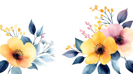 Beautiful watercolor floral arrangement featuring yellow and pink blooms and blue leaves.