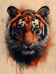 A vibrant tiger portrait with orange and black stripes and artistic paint splatter.