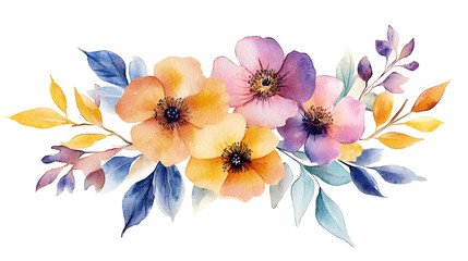 Watercolor floral illustration with colorful flowers and leaves in a beautiful arrangement.
