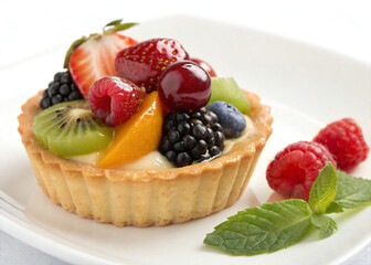 Close-up of gourmet mini fruit tart with berries, kiwi, and custard on a white plate