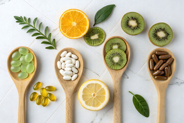 Top view of assorted supplements and vitamins in wooden spoons with citrus slices, kiwi, and green leaves