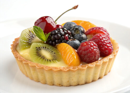 Close-up of gourmet mini fruit tart with berries, kiwi, and custard on a white plate
