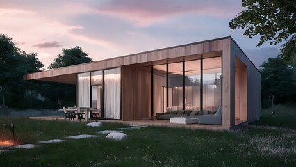 Obraz premium Architectural harmony: Modern house blending seamlessly with a natural setting