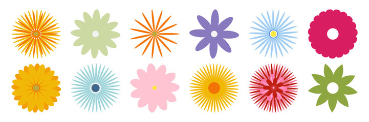 Set of colorful abstract flower icons collection in flat vector style. Botanical summer plant shapes clipart perfect for use in mobile UI design, educational materials blog or decorative elements.