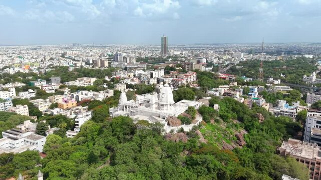 Hyderabad, India: Aerial view of Birla Mandir, iconic Hindu temple in capital and largest city of Indian state of Telangana - landscape panorama of South Asia from above
