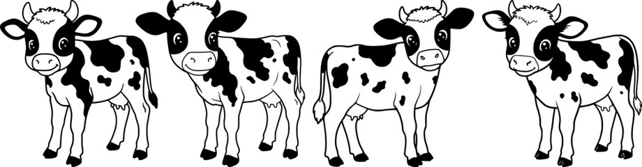 Cute holstein calf with black and white spots adorable baby cow characters standing for children farm animal design elements