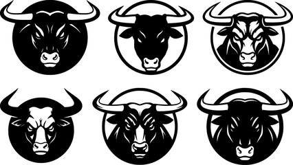 Bull head logo collection with horns circular emblems black cattle faces various expressions for western ranch design elements set