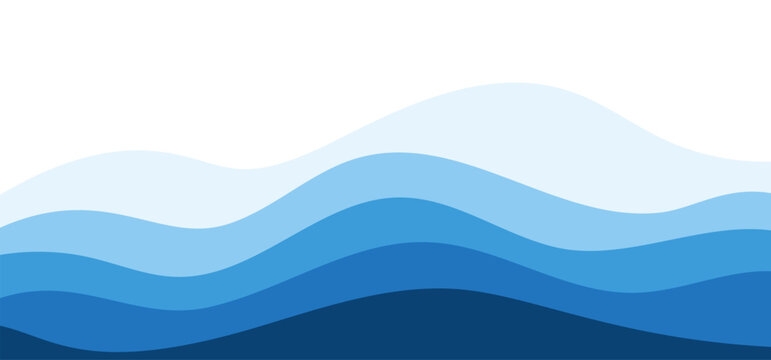 Blue layered ocean or sea waves with various shades effect. Ideal for beach designs template. Vector water art background for sale banners or summer promotional with smooth flowing wave clip pattern.