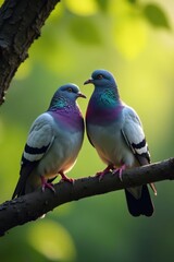 Two pigeons perched on a tree branch, sunlight dappled feathers , texture, close-up