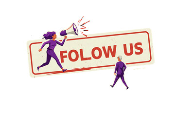 Naklejka premium Cartoon characters carrying a “FOLLOW US” banner while one uses a megaphone, dynamic flat illustration on transparent background for engaging social-media or marketing campaigns 