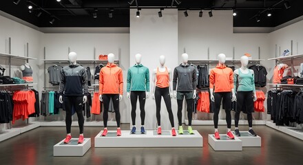 Brightly lit athletic apparel store showcases vibrant sportswear mannequins. AI Generated