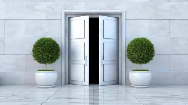 Elegant entryway features sleek white doors and neatly trimmed plants in stylish planters, creating a welcoming atmosphere