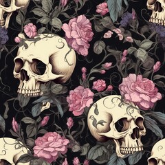 Vintage Floral Patterns Featuring Skulls and Roses in Intricate Design Style