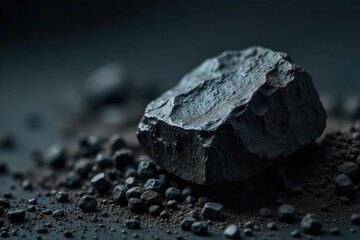 Close-up of a piece of coal on a dark, textured background, highlighting its rough surface and deep black color, symbolizing the raw power and environmental impact of fossil fuels , rock, fuel