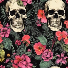 Vintage Floral and Skull Patterns Featuring Intricate Designs with a Dark Background for Unique Textile Applications