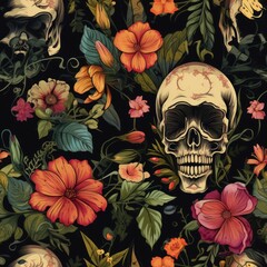 Vintage Floral Patterns Featuring Skulls and Colorful Flowers for Artistic Designs and Backgrounds