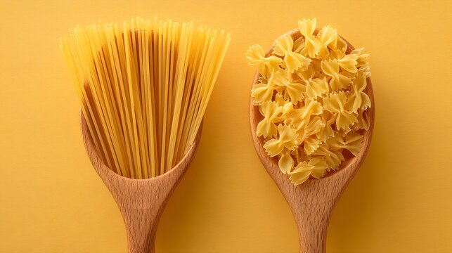 Spaghetti and farfalle pasta types on wooden spoons yellow background food photo