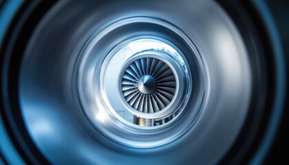 Close-Up View of Aircraft Turbine Engine with Detailed Fan Blades in Industrial Setting
