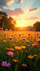 Naklejka premium Golden sunlight bathes a field of wildflowers at sunset , evening, plants