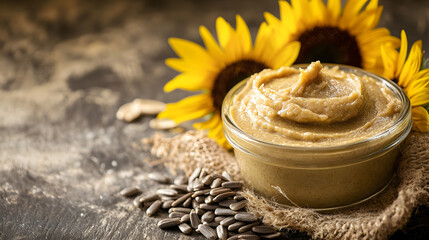 Glass bowl of sunflower seed butter with whole sunflower seeds and bright sunflowers in background © Picgaxel