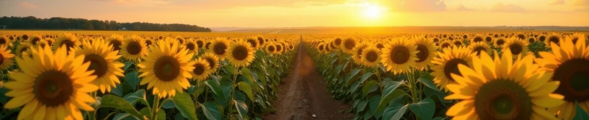 Fototapeta premium Rows of sunflowers stretching to the horizon, late afternoon light , sunflowers, background, sunset