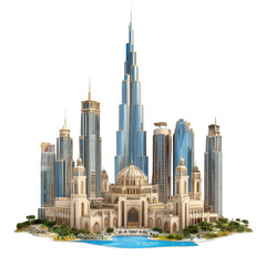 Modern Skyscraper Cityscape with Iconic Tower and Lush Surroundings Against Clear Blue Sky at Daytime transparent background