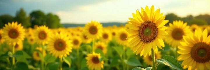 Obraz premium Vibrant sunflowers in a summer field, bright yellow petals , sun, field, summertime