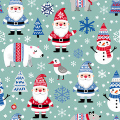 Simple vector seamless pattern for kids with Santa, Christmas tree and snowflakes. Christmas print for wrapping paper, Christmas cards, scrapbooking