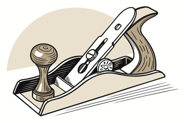 Vintage woodworking tools, including an antique wooden plane and a pencil, are isolated objects for carpentry