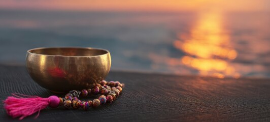The Singing Bowl and Beads Reflecting Tranquility at Sunset by the Ocean