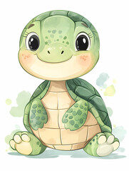 This delightful watercolor illustration features a cute and smiling baby turtle.