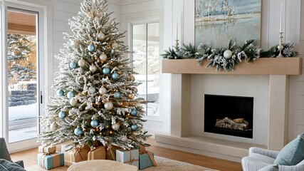 Elegant holiday living room with decorated christmas tree and fireplace - Powered by Adobe