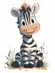 A cute, cartoon zebra smiles with a happy expression, perfect for children's illustrations and educational materials.