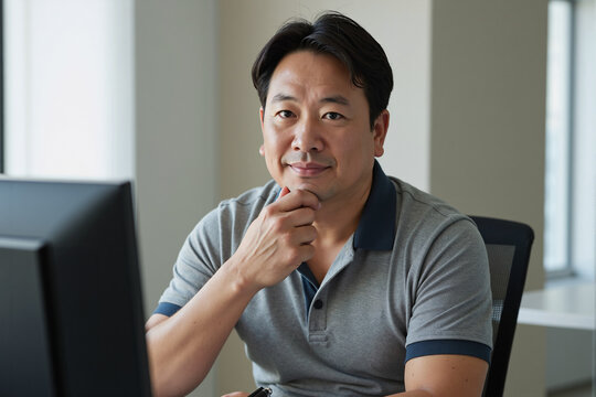 Friendly middle-aged asian man sitting at his office desk with a computer, looking at the camera with a thoughtful smile and his hand on his chin with a confident attitude