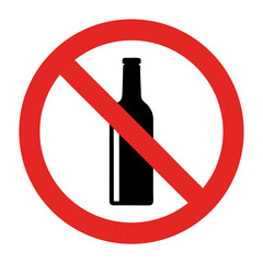 No alcohol sign. Red circle with bottle silhouette crossed out. Prohibition symbol for public places. Simple no alcohol icon for bars, restaurants and public areas.