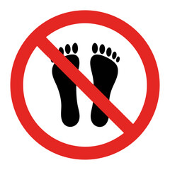 No barefoot allowed sign. Red circle with black footprints and prohibition symbol. Simple design for public places information sign. This icon is perfect for safety and hygiene regulations.