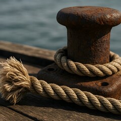 Closeup of Rusty Dock Bollard Tightly Wrapped with Natural Fiber Marine Rope Beside Blue Water
