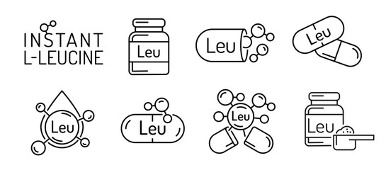 Vector icon set of leucine supplement. Editable stroke illustration.