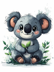 This adorable koala cartoon holds leaves, offering a cheerful and cute design perfect for various projects.