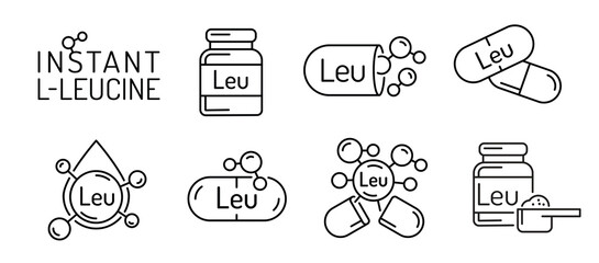 Vector icon set of leucine supplement. Editable stroke illustration.