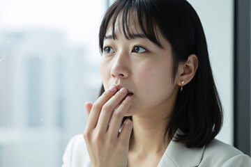 Pensive young asian woman looking anxiously out a window with her hand to her mouth, feeling worried, stressed, or lost in deep thought in a moment of quiet contemplation