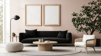 Modern living room with a black sofa and wooden accents.