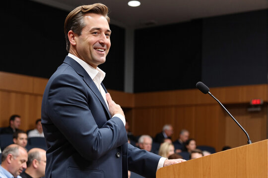 grateful and happy businessman in a suit smiles with his hand on his heart while standing at a podium, thanking the audience after a successful speech or receiving an award