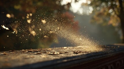 Golden autumn leaves swirling in the sunlit air above a weathered wooden surface